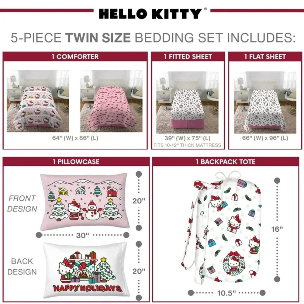 Hello Kitty Holiday Kids 5 Piece Reversible Comforter, Bed in a Bag, Twin NEW